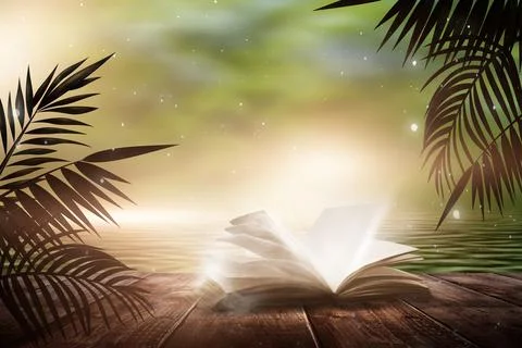 Open book on a background of a sea evening landscape with sunset. Stock Illustration