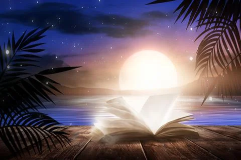Open book on a background of a sea evening landscape with sunset. Stock Illustration