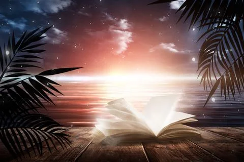 Open book on a background of a sea evening landscape with sunset. Stock Illustration