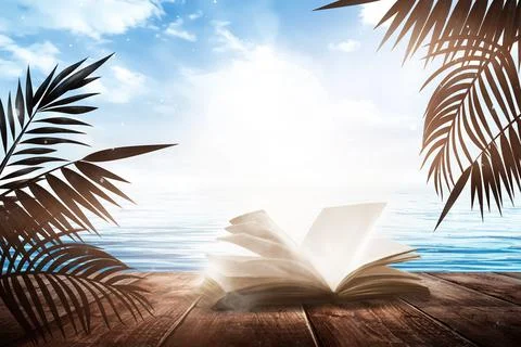 Open book on a background of a sea evening landscape with sunset. Stock Illustration