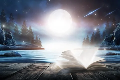 Open book on a background of a sea evening landscape with sunset. Stock Illustration