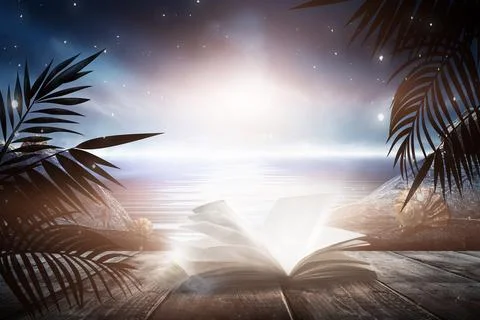 Open book on a background of a sea evening landscape with sunset. Stock Illustration