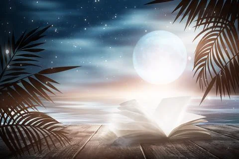 Open book on a background of a sea evening landscape with sunset. Stock Illustration