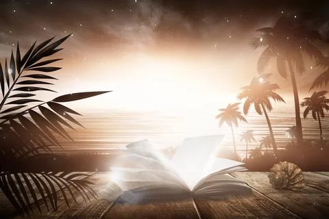 Open book on a background of a sea evening landscape with sunset. Stock Illustration