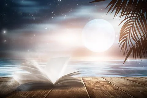Open book on a background of a sea evening landscape with sunset. Stock Illustration