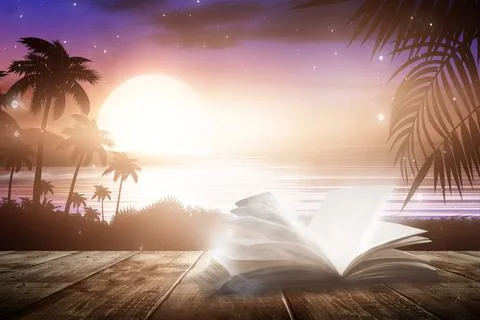 Open book on a background of a sea evening landscape with sunset. Stock Illustration