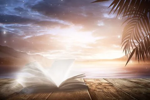 Open book on a background of a sea evening landscape with sunset. Stock Illustration