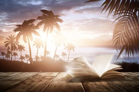 Open book on a background of a sea evening landscape with sunset. Stock Illustration