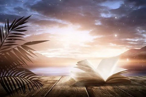 Open book on a background of a sea evening landscape with sunset. Stock Illustration