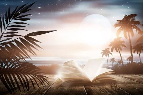 Open book on a background of a sea evening landscape with sunset. Stock Illustration