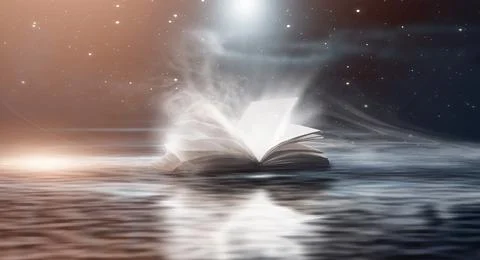 Open book on a background of a sea evening landscape with sunset. Stock Illustration