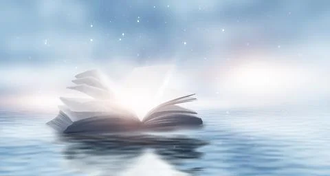 Open book on a background of a sea evening landscape with sunset. Stock Illustration