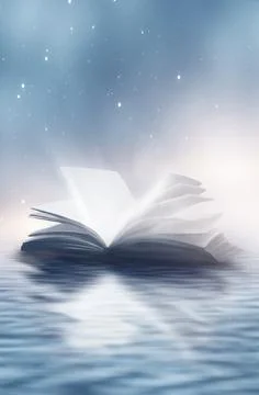 Open book on a background of a sea evening landscape with sunset. Stock Illustration