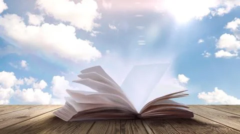 Open book on a background of a sea evening landscape with sunset. Stock Illustration