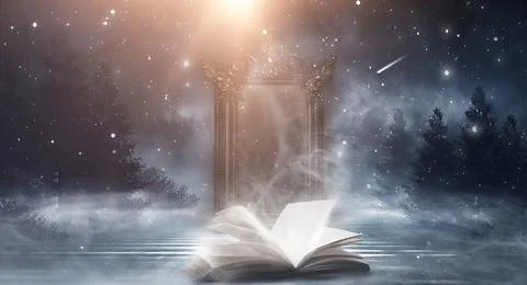 Open book on a background of a sea evening landscape with sunset. Stock Illustration