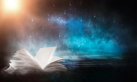 Open book on a background of a sea evening landscape with sunset. Stock Illustration