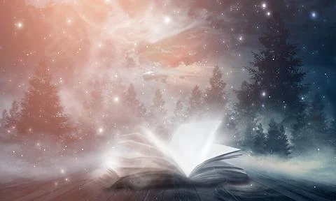 Open book on a background of a sea evening landscape with sunset. Stock Illustration