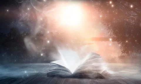 Open book on a background of a sea evening landscape with sunset. Stock Illustration