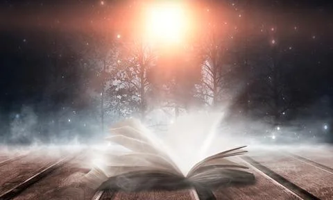 Open book on a background of a sea evening landscape with sunset. Stock Illustration