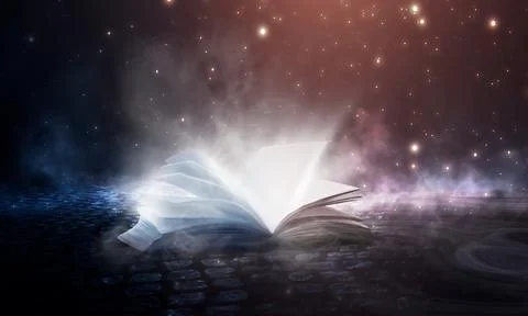 Open book on a background of a sea evening landscape with sunset. Stock Illustration