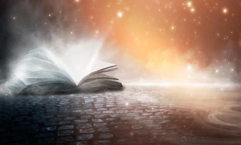Open book on a background of a sea evening landscape with sunset. Stock Illustration