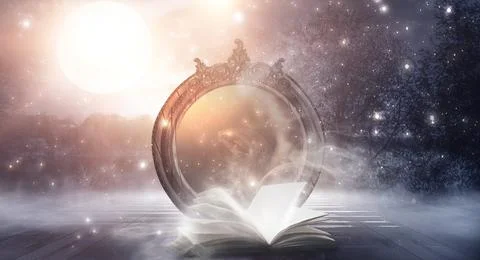 Open book on a background of a sea evening landscape with sunset. Stock Illustration