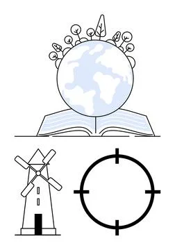 Open book beneath globe with trees on top. Windmill and target underline them Illustrazione stock