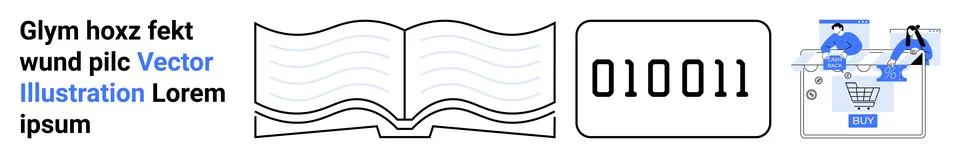 Open Book, Binary Code, and Abstract Infographic with Text and Shopping Car.. 库存插图