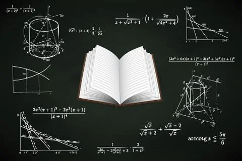 Open book on blackboard with math calculations vector illustration Stock Illustration