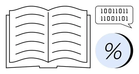Open book with blank pages, binary code in speech bubble, and percentage symb 스톡 일러스트