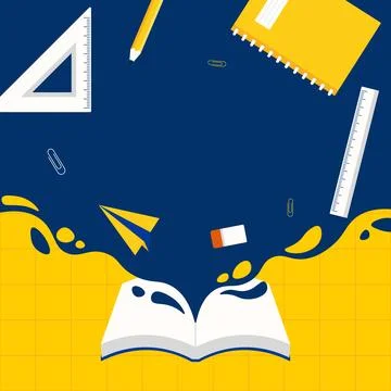 An Open Book on a Blue Background with School Utensils Illustrazione stock
