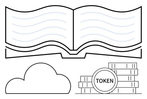 Open book with blue lines, cloud, and stack of token coins. Ideal for educati Stock Illustration