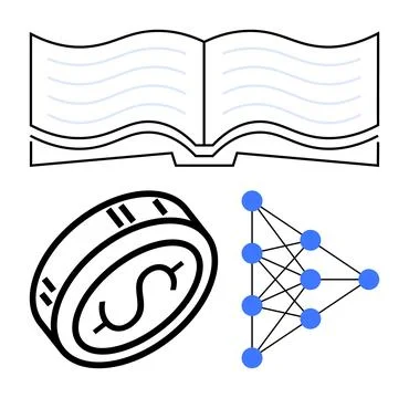 Open book with blue lines, dollar coin, network pattern with blue nodes and l Stock Illustration