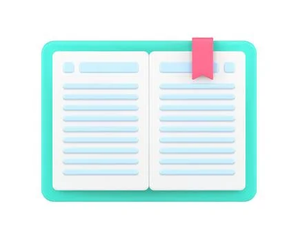 Open book with bookmark 3d icon. Textbook with green cover and red folded rib Stock Illustration