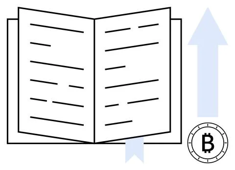 Open book with bookmark and upward arrow alongside Bitcoin symbol. Ideal for  Stock Illustration