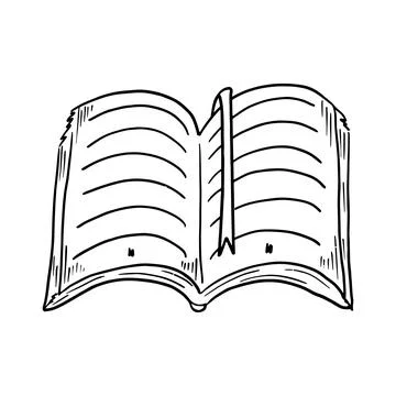 Open book with a bookmark in hand drawn doodle style. Vector sketch drawing b Illustrazione stock