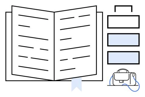 Open Book with Bookmark, Sidebar Sections and Satchel Rendering for Knowled.. Stock Illustration