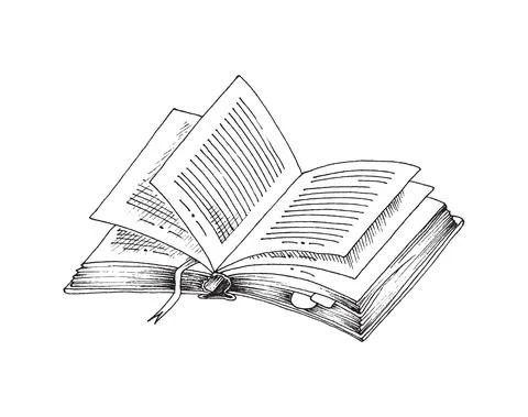 Open book with bookmarks and notes in sketch style vector illustration isolated. Illustrazione stock