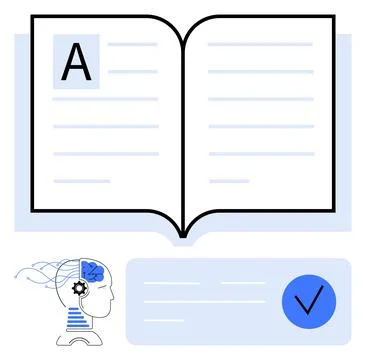 Open book with brain and check mark icons representing knowledge acquisitio.. Stock Illustration