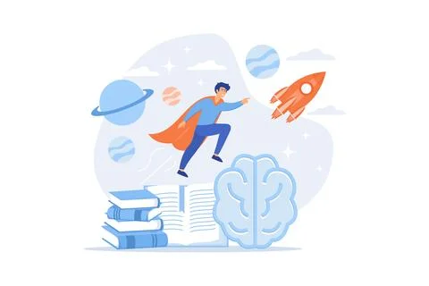 Open book, brain and user flying in space among planets. Imagination and vi.. Stock Illustration