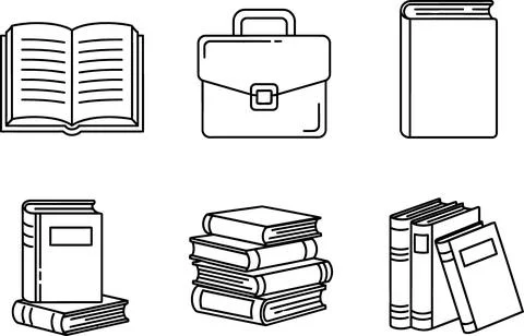 Open book, briefcase, and stacks of books icons on white background Stock Illustration