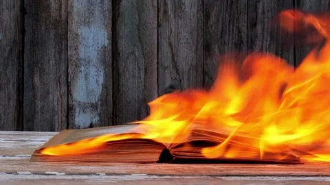 An open book burning in a fire on an old wooden table Stock Footage 268015861