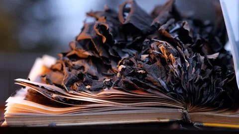 Open book burning with smoldering ashes representing censorship Stock Photos