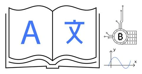Open book with characters from different alphabets. Bitcoin symbol with block Stock Illustration
