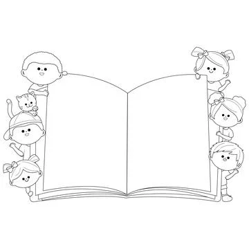 Open book with children. Vector black and white coloring page. Stock Illustration