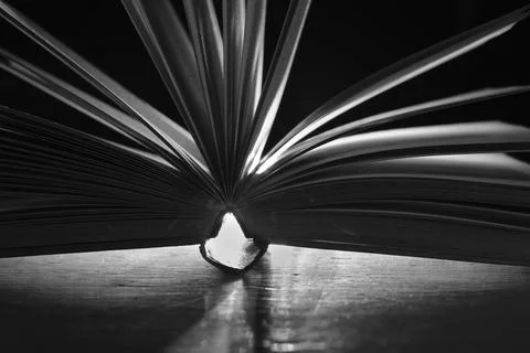 Open book close up,backlighting black and white, reading, education,office Stock Photos