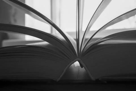 Open book. A close note of the book is the graininess in the photo. Black and Stock Photos