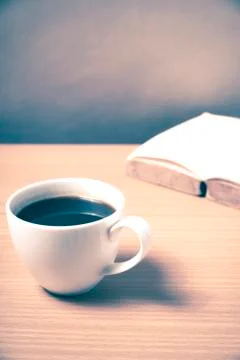 Open book with coffee Stock-Fotos