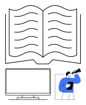 Open Book with Communication Elements Including Magnifying Viewer and Compu.. Illustrazione stock