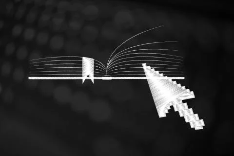 Open book with computer mouse cursor clicking on it Stockillustratie